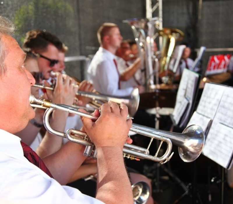 Blasmusiker auf der Bühne beim Blasmusikfest Blasmusikanten in weißen Hemden und roten Krawatten spielen Trompete und weitere Blasinstrumente auf einer Bühne.